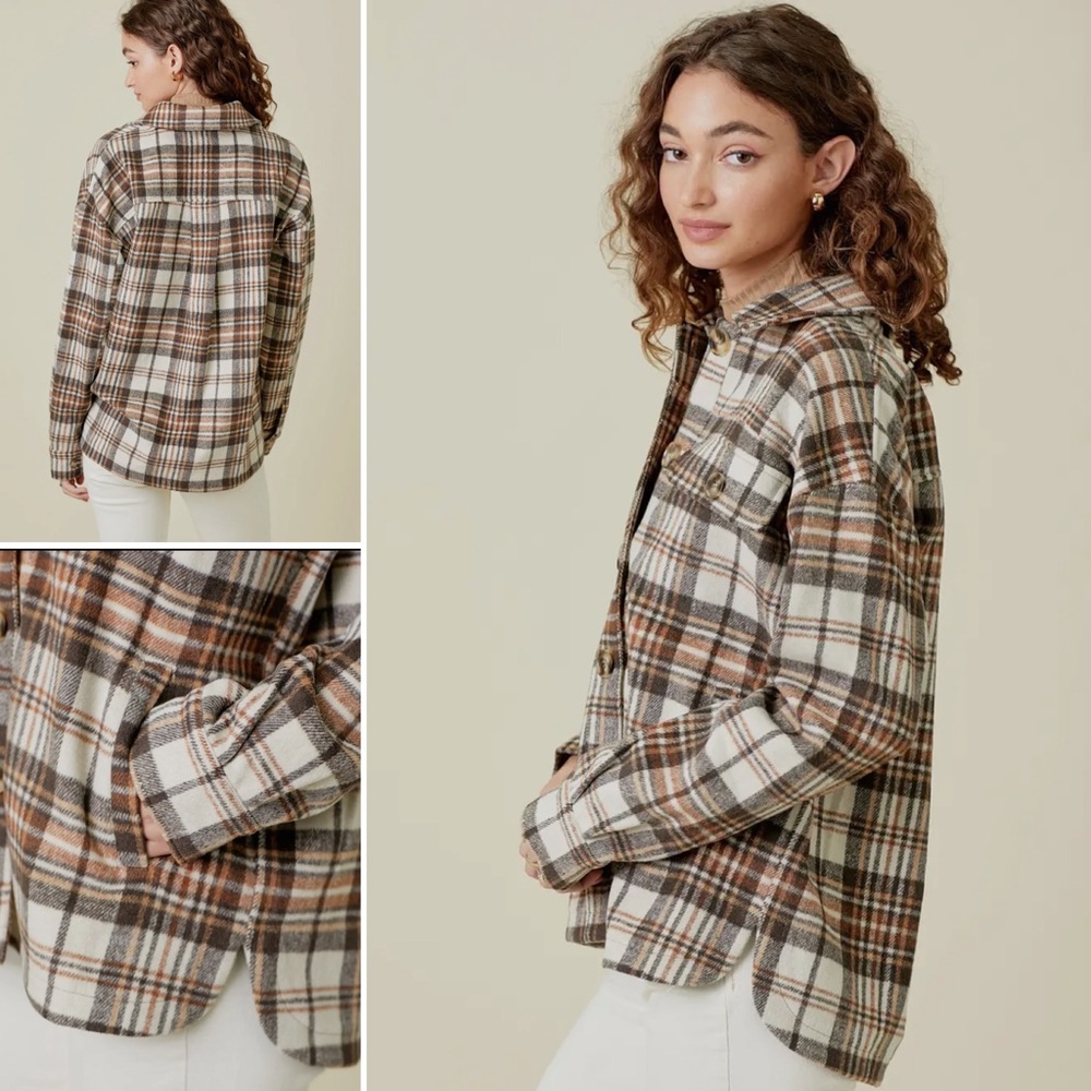 361. Mystree Plaid Shacket W/Pockets Taupe Cream Cabincore Outdoor Jacket NWT